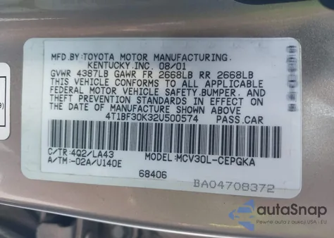 2002 Toyota Camry Xle V6 из США, поврежденный, VIN 4T1BF30K32U500574